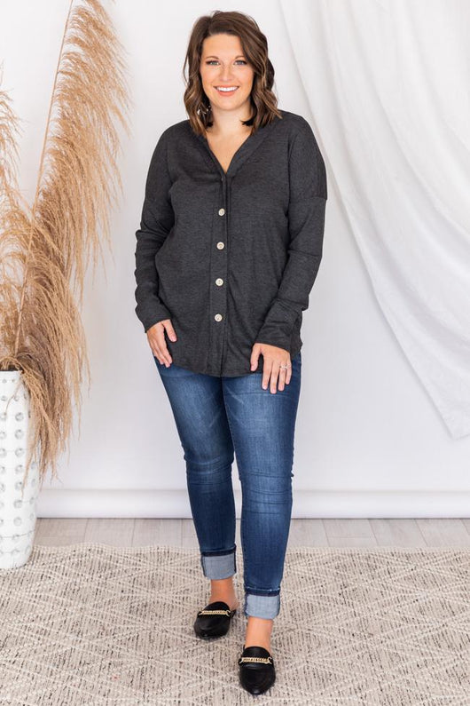Above All Else Charcoal Button Down Blouse