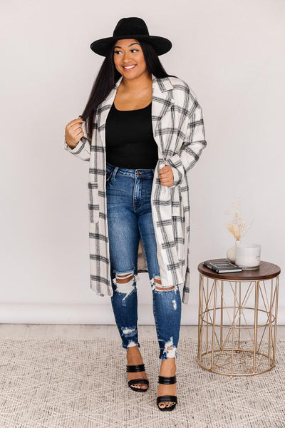 No Doubts In Mind Black/White Plaid Belted Coat