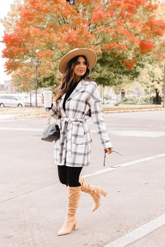 No Doubts In Mind Black/White Plaid Belted Coat