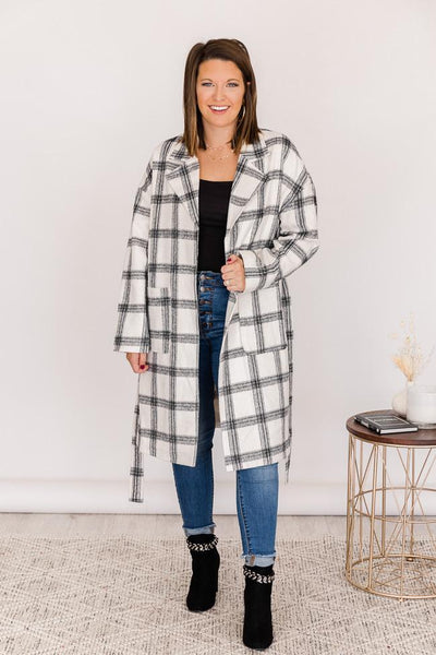 No Doubts In Mind Black/White Plaid Belted Coat