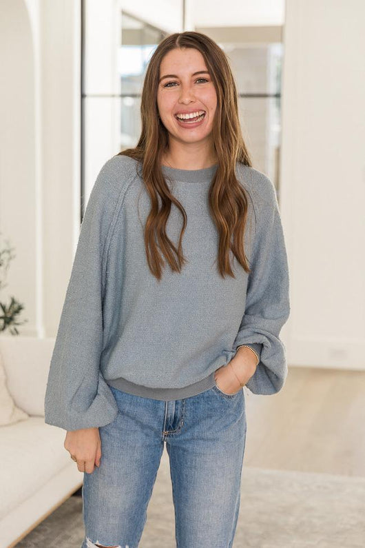 DARYL-ANN DENNER X PINK LILY Kaylee Blue Textured Crew Neck Sweater