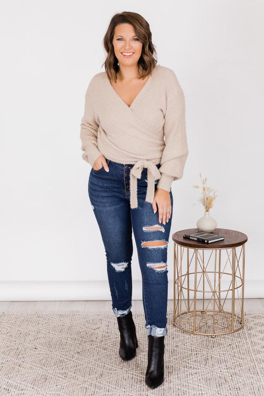 Predictable Week Beige Fuzzy Wrap Cropped Sweater