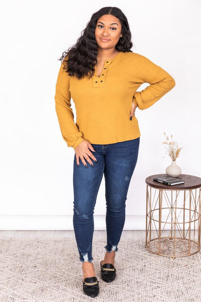 Lasting Words Split Mustard V-Neck Ribbed Blouse