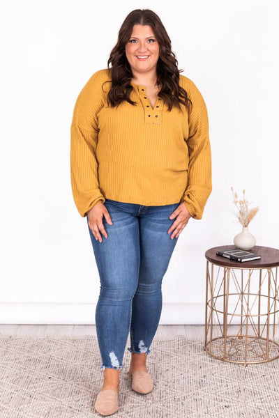 Lasting Words Split Mustard V-Neck Ribbed Blouse