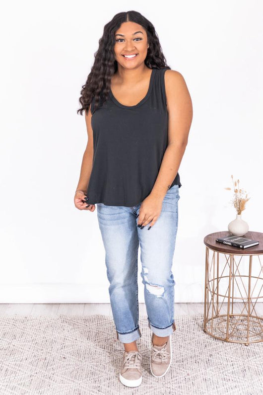 DARYL-ANN DENNER X PINK LILY Tina Washed Scoop Neck Black Tank