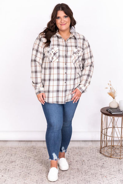 Simple Trends White Plaid Flannel Blouse