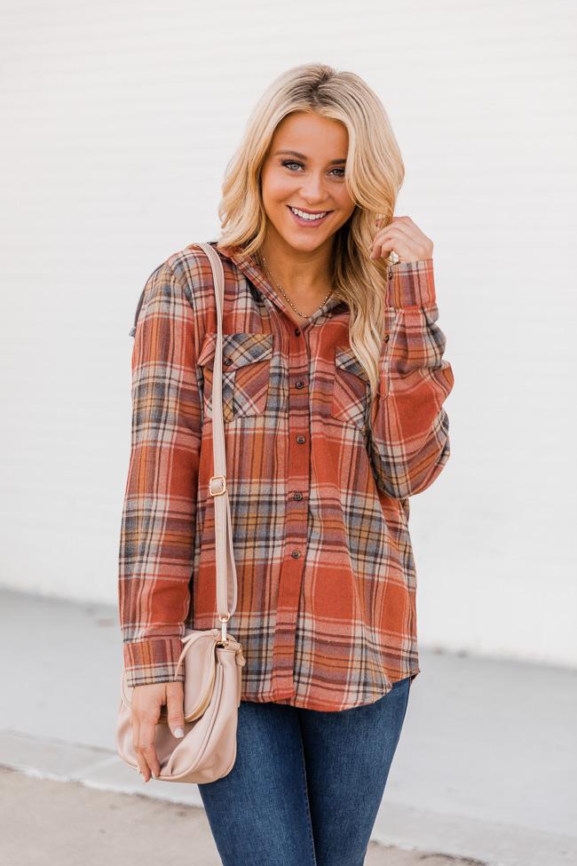 Simple Trends Rust Plaid Flannel Blouse
