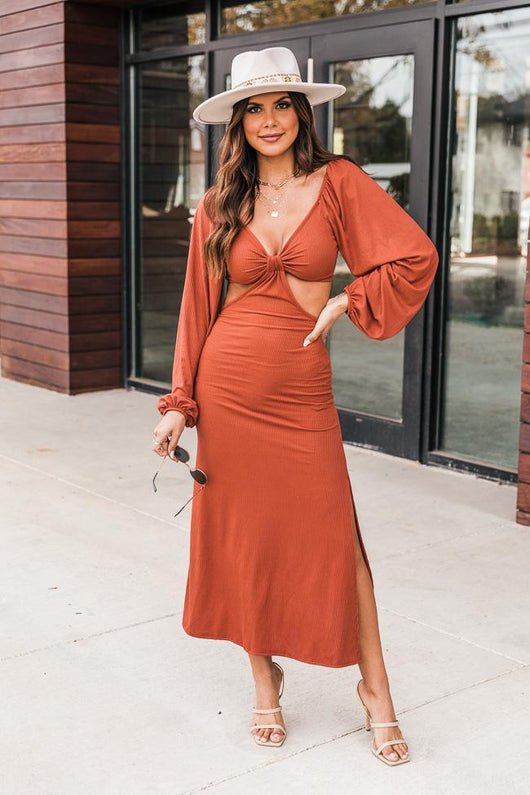 Telling A Story Rust Long Sleeve Cutout Dress