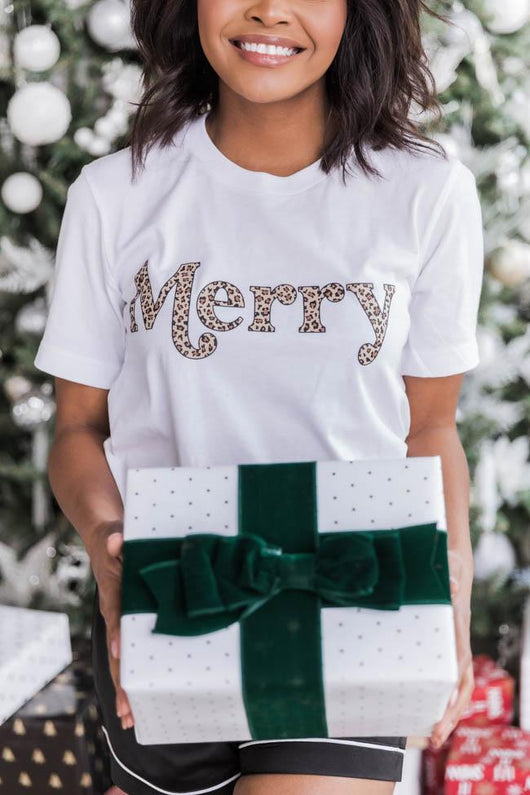 Merry Animal Print Graphic White Tee