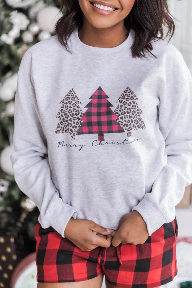 Plaid And Animal Print Trees Graphic Ash Sweatshirt