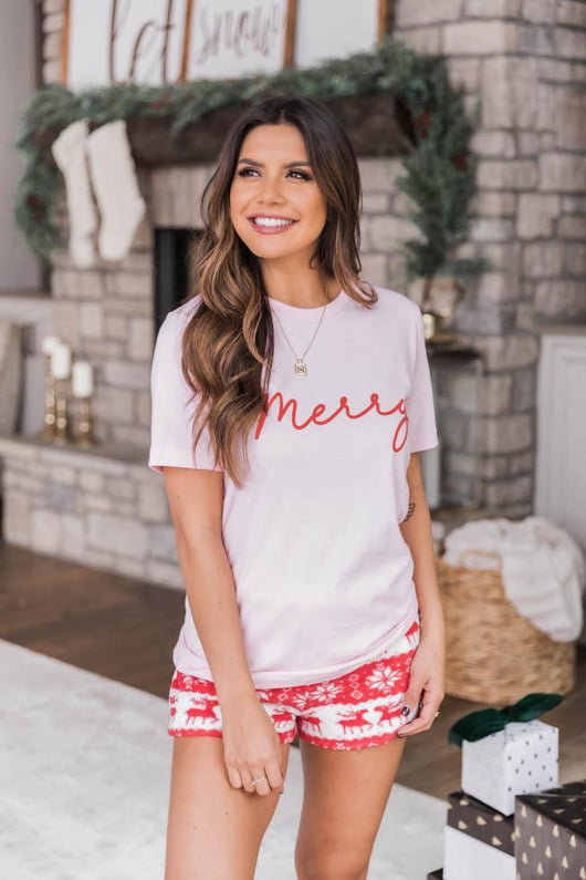 Merry Script Graphic Light Pink Tee