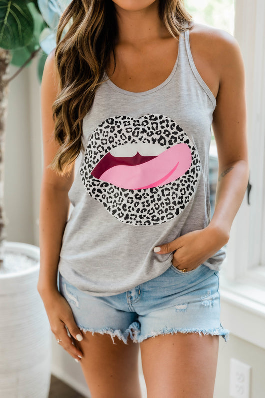 White Animal Print Lips Graphic Tank Athletic Grey