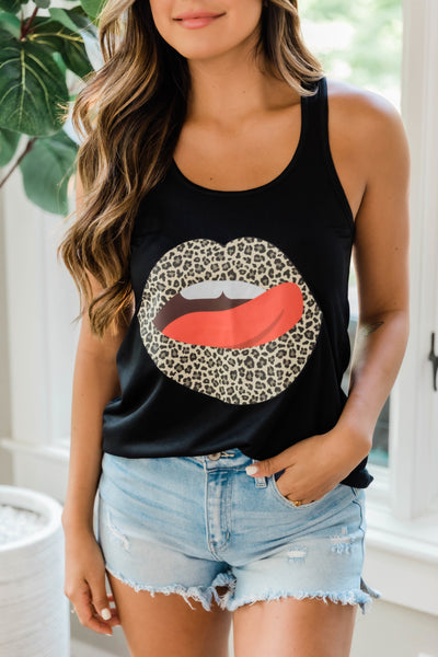 Animal Print Lips Graphic Tank Black