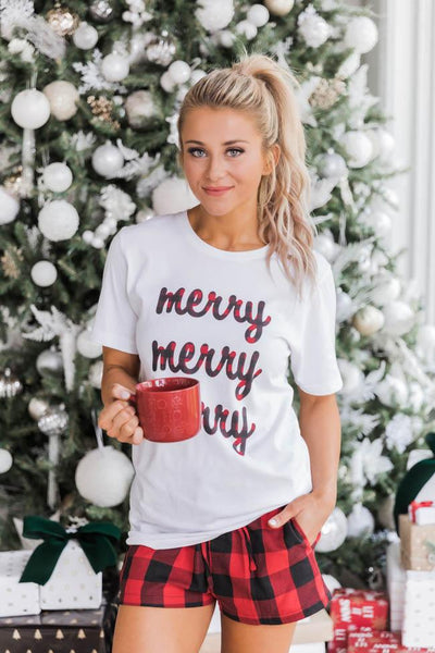 Plaid Merry Merry Merry Graphic White Tee