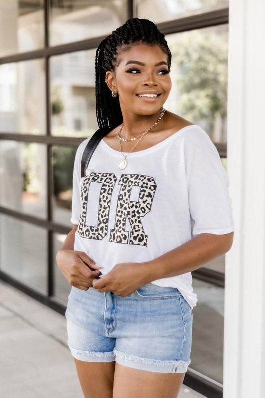 Leopard Printed State Letters White Graphic Slouchy Tee