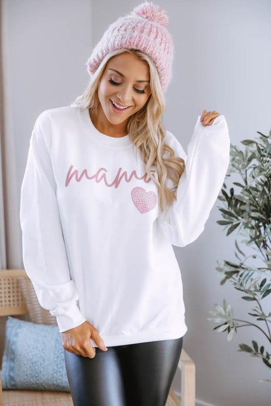 Mama Script Mauve Animal Print White Graphic Sweatshirt