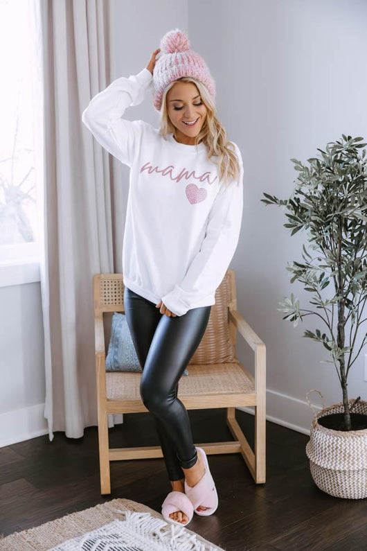 Mama Script Mauve Animal Print White Graphic Sweatshirt
