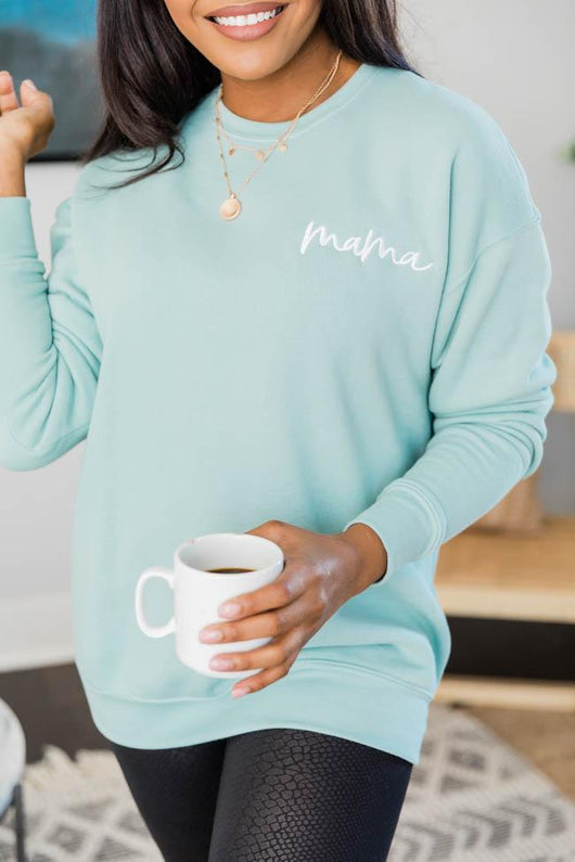 Mama Embroidered Script Dusty Blue Sweatshirt