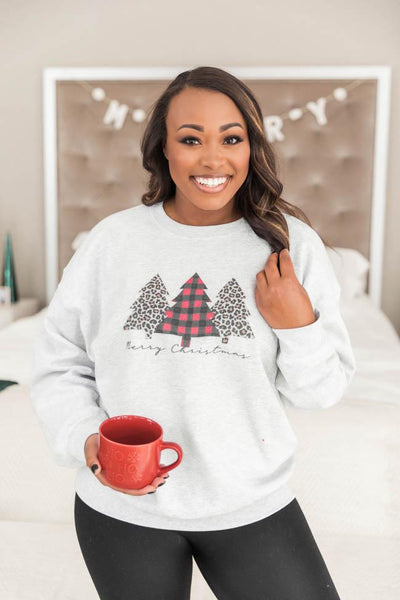 Plaid And Animal Print Trees Graphic Ash Sweatshirt