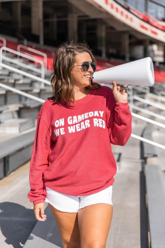 On Gameday We Wear Red Corded Graphic Sweatshirt