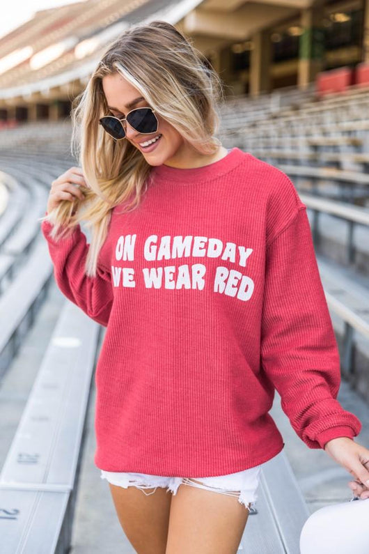 On Gameday We Wear Red Corded Graphic Sweatshirt