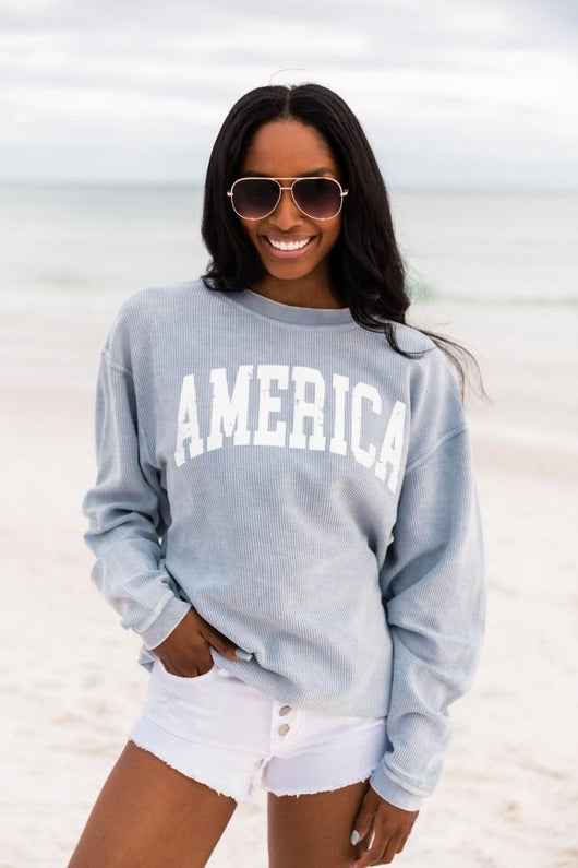 America Distressed Faded Denim Block Corded Graphic Sweatshirt