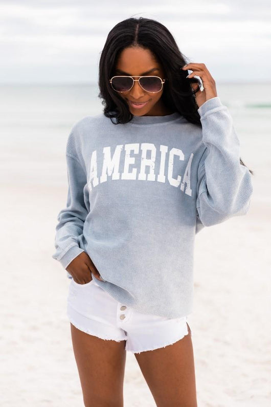 America Distressed Faded Denim Block Corded Graphic Sweatshirt