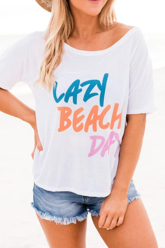 Lazy Beach Day White Graphic Slouchy Tee