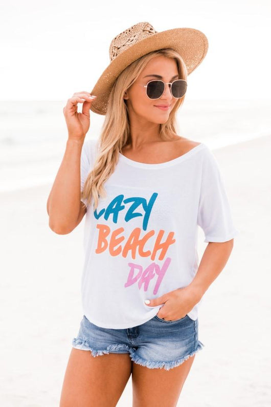 Lazy Beach Day White Graphic Slouchy Tee