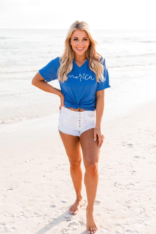 America Cursive Graphic V-Neck Heather True Royal Tee