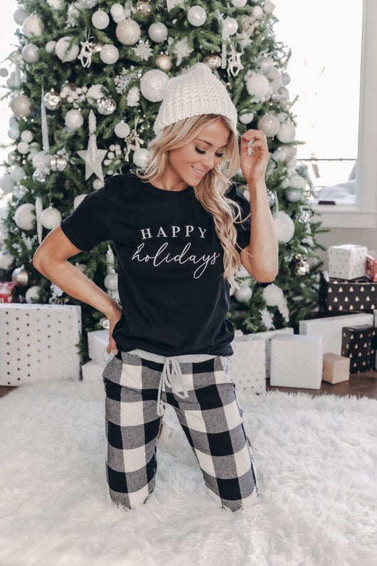 Happy Holidays Script Black Graphic Tee