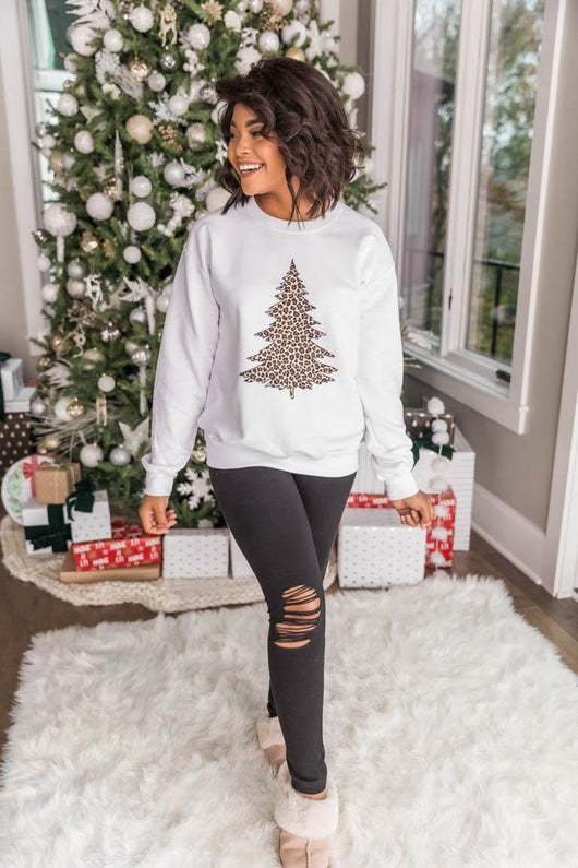 Animal Print Christmas Tree Graphic White Sweatshirt