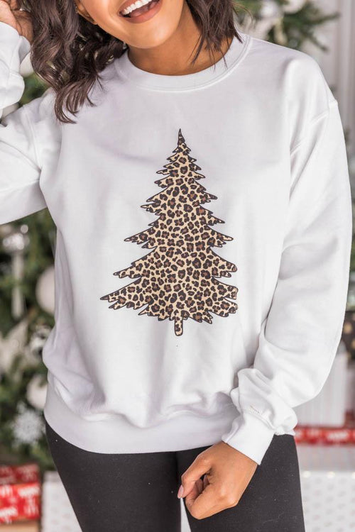 Animal Print Christmas Tree Graphic White Sweatshirt