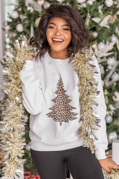 Animal Print Christmas Tree Graphic White Sweatshirt