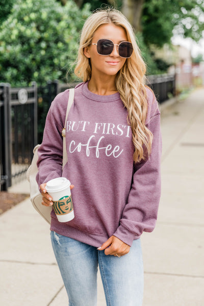 But First Coffee Dark Maroon Graphic Sweatshirt
