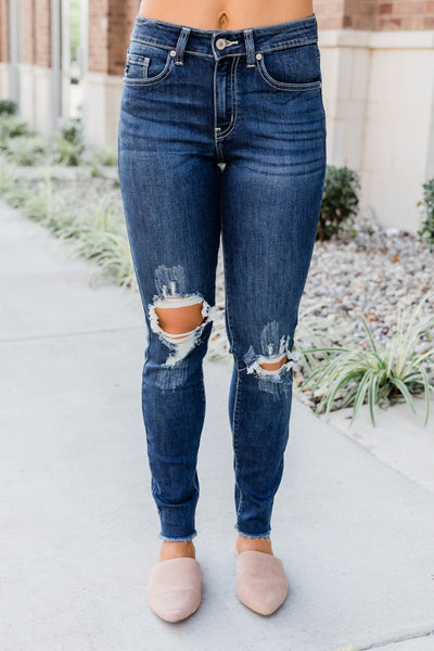 The Kallista Dark Wash Distressed Crop Jeans