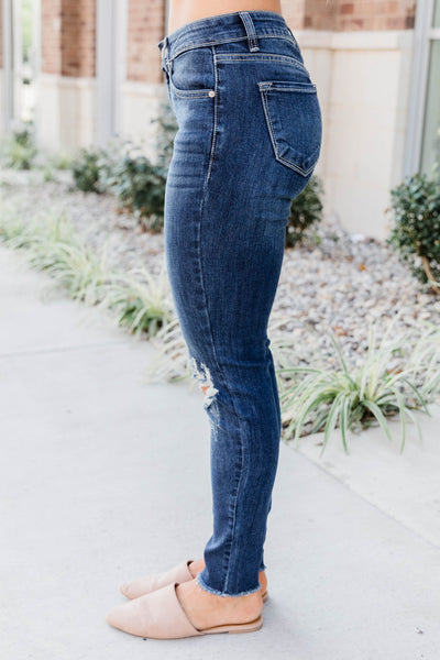 The Kallista Dark Wash Distressed Crop Jeans