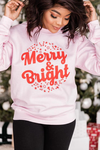 Merry And Bright Stars Graphic Pink Sweatshirt