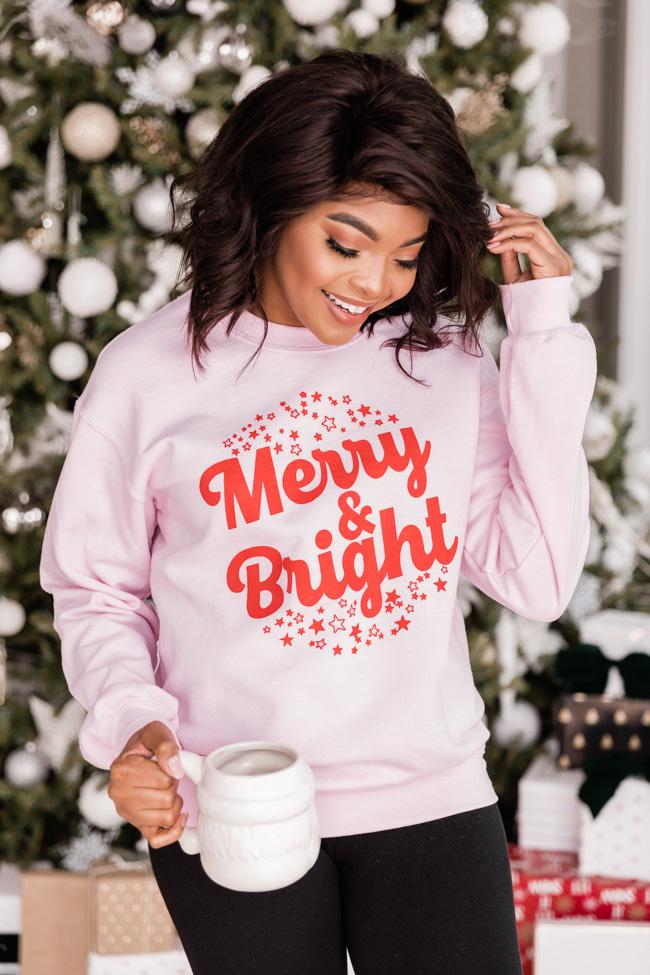 Merry And Bright Stars Graphic Pink Sweatshirt