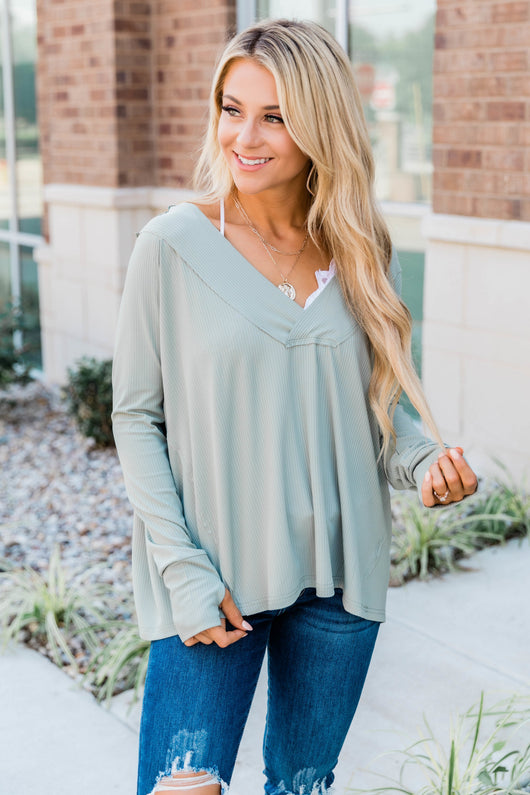 I'm A Believer V-Neck Blouse Sage