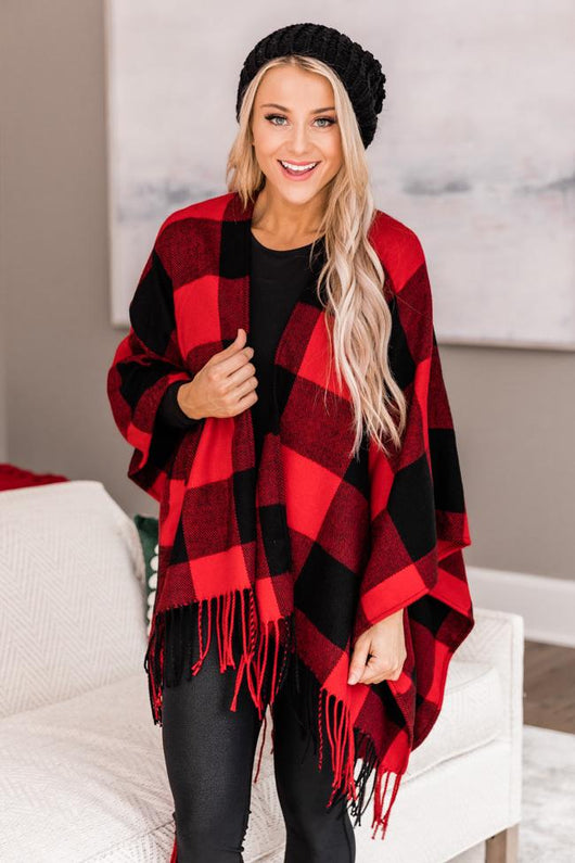 So Beautiful Tonight Red Plaid Poncho