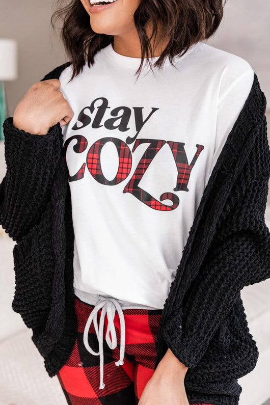 Stay Cozy Plaid Graphic White Tee