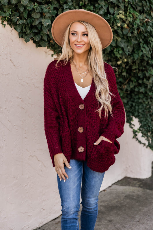 Sundown Awaits Knit Burgundy Cardigan