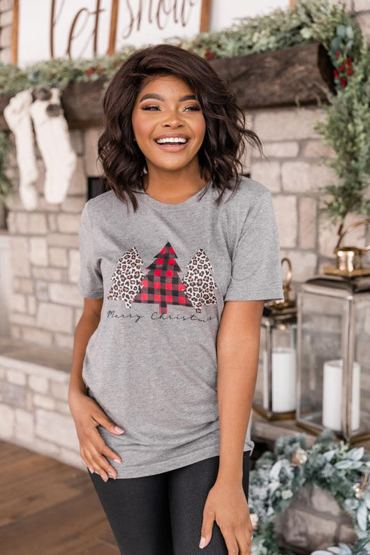 Plaid And Animal Print Trees Grey Graphic Tee