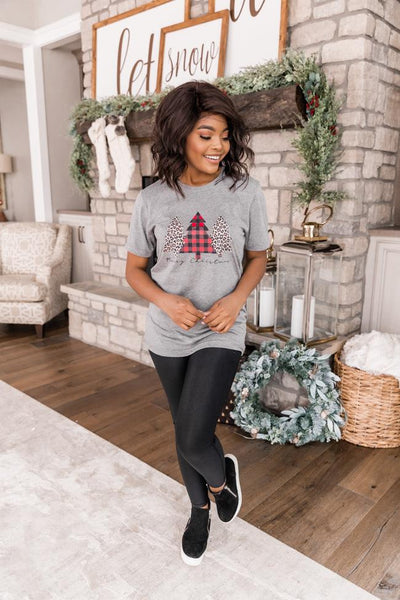 Plaid And Animal Print Trees Grey Graphic Tee