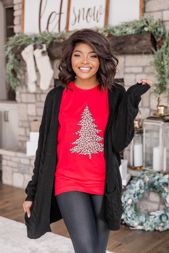 Animal Print Christmas Tree Graphic Red Tee