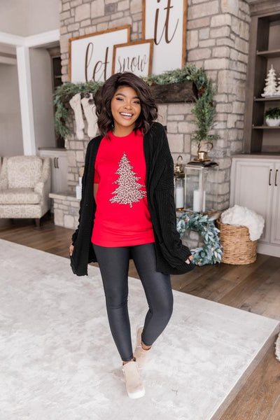 Animal Print Christmas Tree Graphic Red Tee