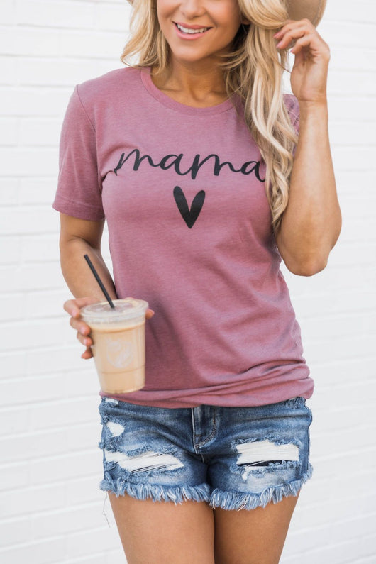 Mama Script Black With Heart Tee Mauve