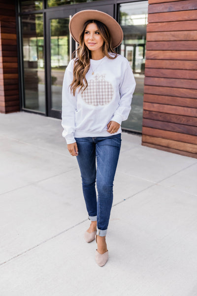 Plaid Pumpkin Applique White Sweatshirt