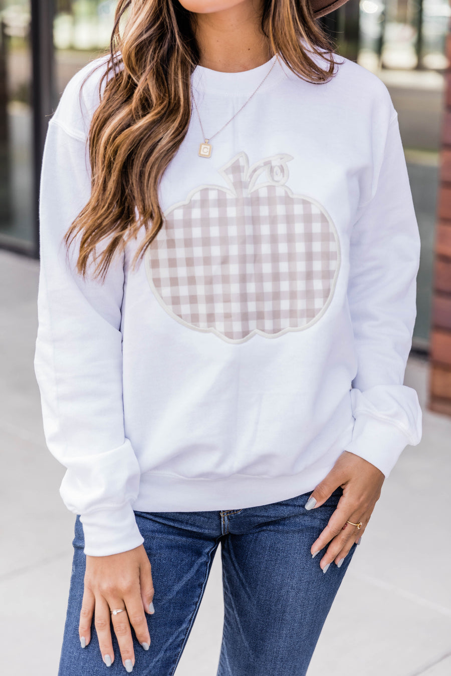 Plaid Pumpkin Applique White Sweatshirt